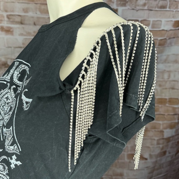 Affliction Women’s Rhinestone Fringe Graphic Short Sleeve T-Shirt- Various -NWT - Picture 6 of 10